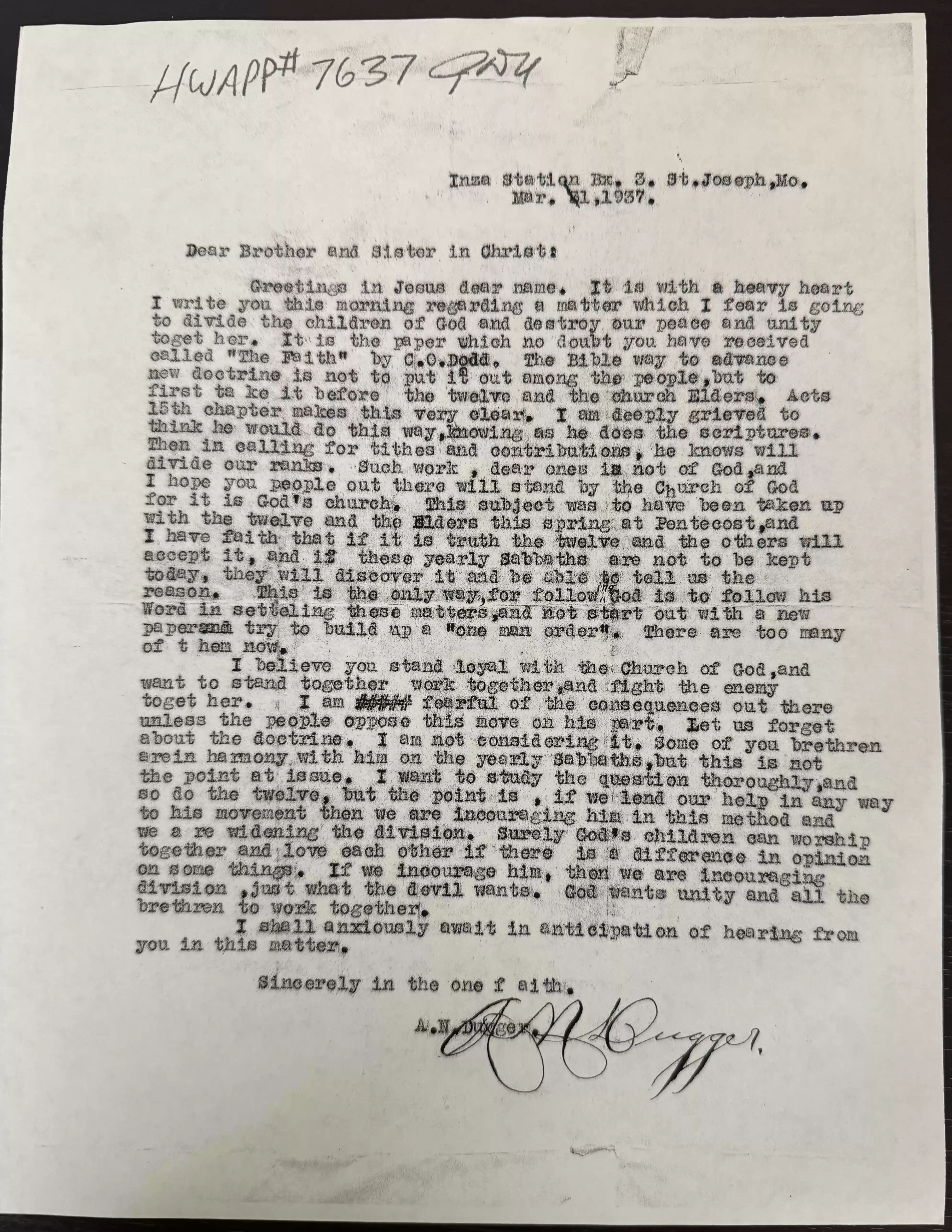 Dugger ltr re Dodd and The Faith paper, 1March1937